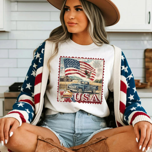 United States Patriotic Vintage Style Postage Stamp Comfort Colors Tshirt