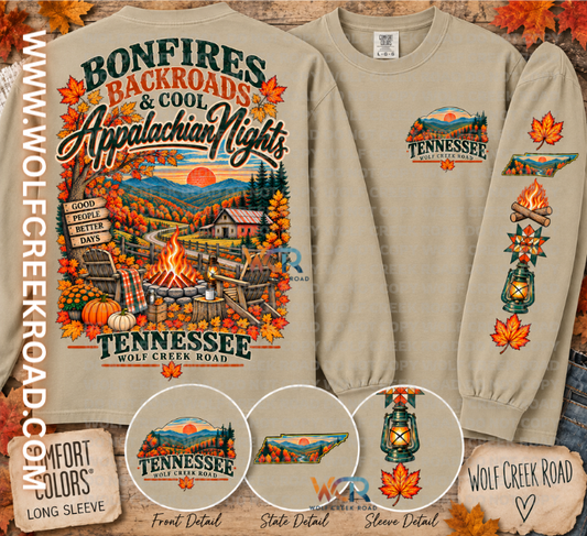 Bonfires, Backroads, & Cool Appalachian Nights - State Shirt