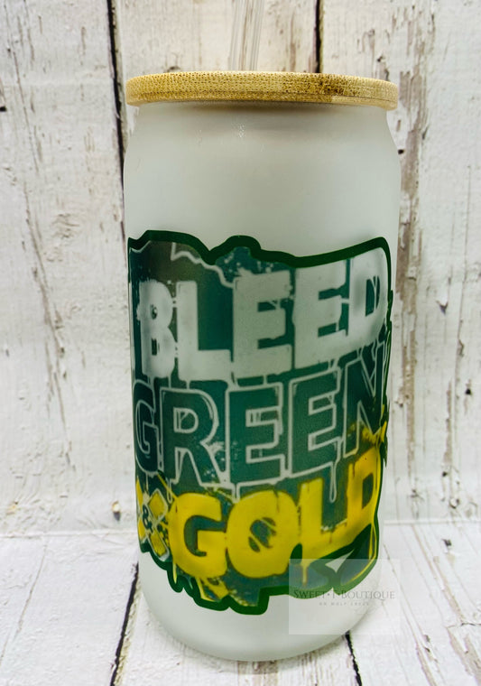 16 Oz I Bleed Green And Gold Narrows Iced Coffee/Beer Can Glass