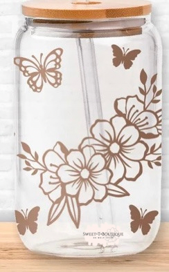 16 Oz Rose Gold Floral Butterflies Iced Coffee/Beer Can Glass