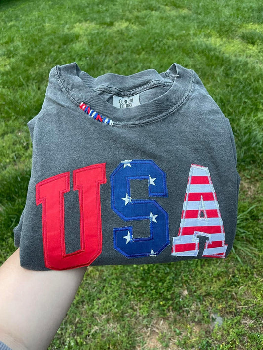 Pre-Order: USA Appliqué Embroidered Comfort Color Sweet T