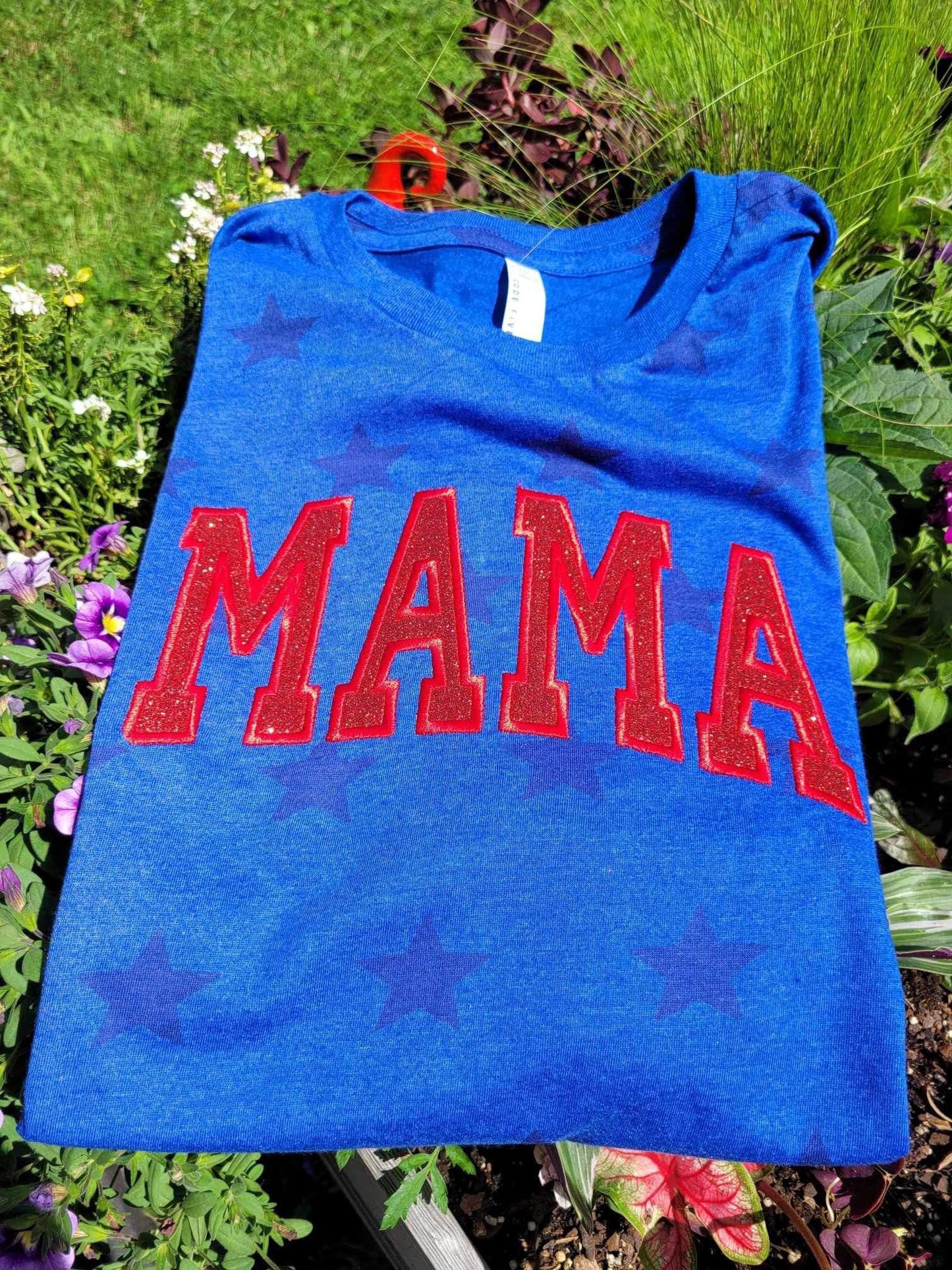 Pre-Order Patriotic Embroidered Glitter Mama Appliqué Blue Star Sweet T