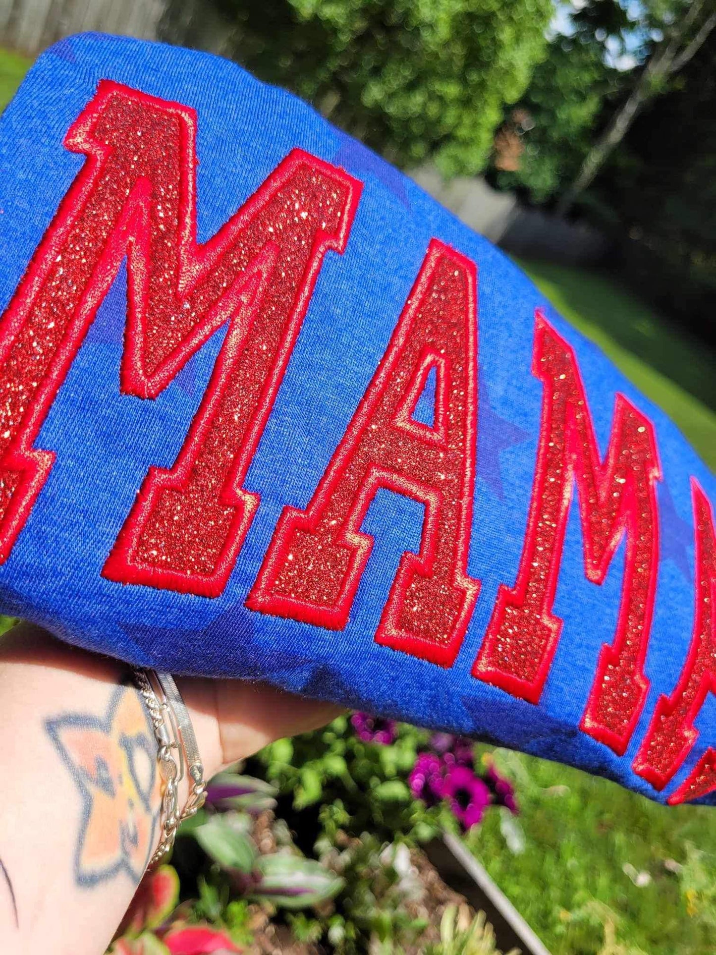 Pre-Order Patriotic Embroidered Glitter Mama Appliqué Blue Star Sweet T