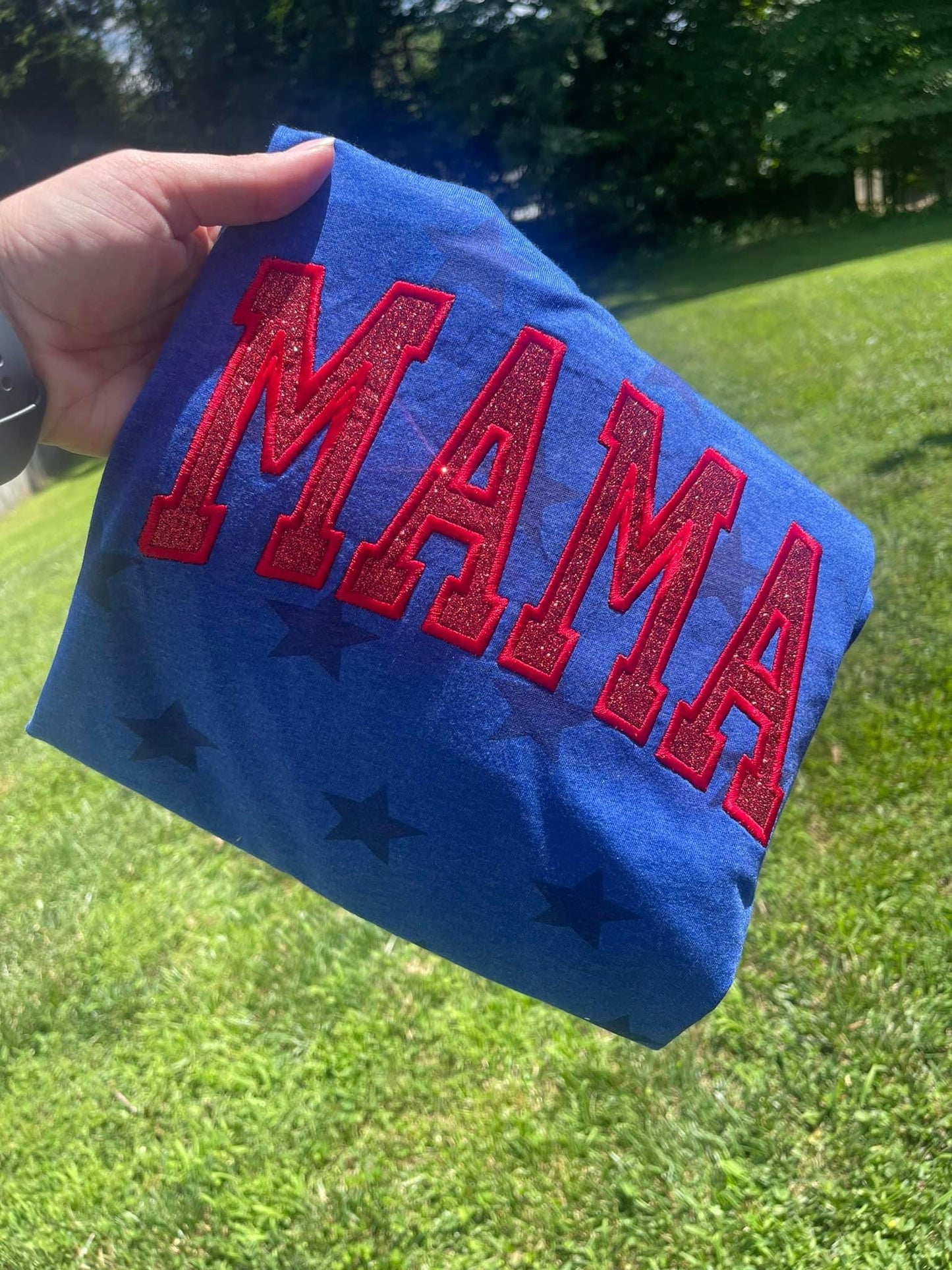 Pre-Order Patriotic Embroidered Glitter Mama Appliqué Blue Star Sweet T
