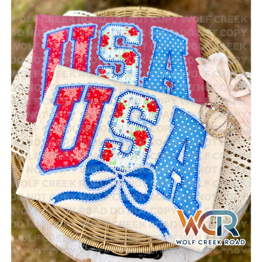 USA Lace Patchwork Patriotic Graphic Tee & Tank | Red White Blue Vintage Americana Shirt