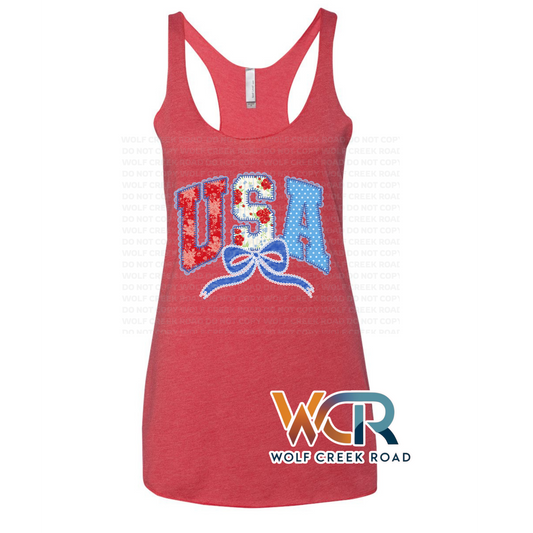 USA Lace Patchwork Patriotic Graphic Tee & Tank | Red White Blue Vintage Americana Shirt