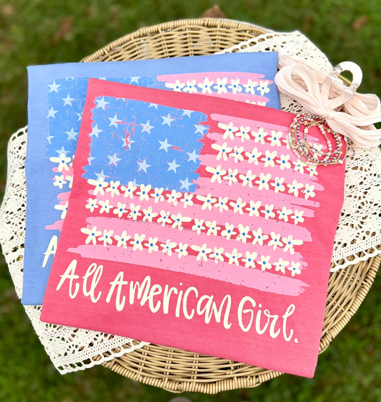 All American Girl Floral Flag Graphic Tank & Tee | Patriotic Vintage Americana Shirt
