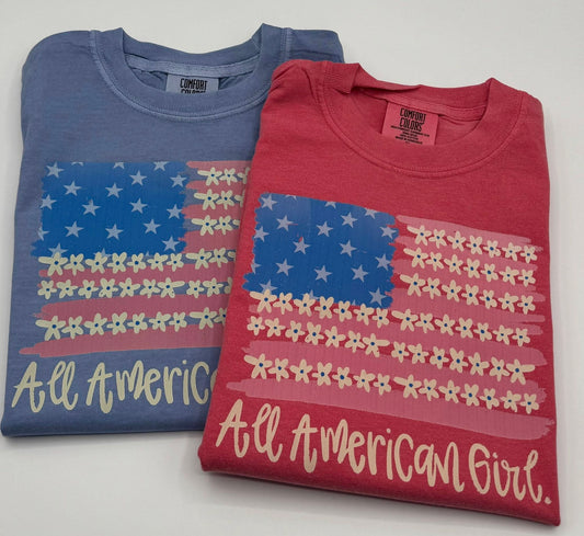 All American Girl Floral Flag Graphic Tank & Tee | Patriotic Vintage Americana Shirt