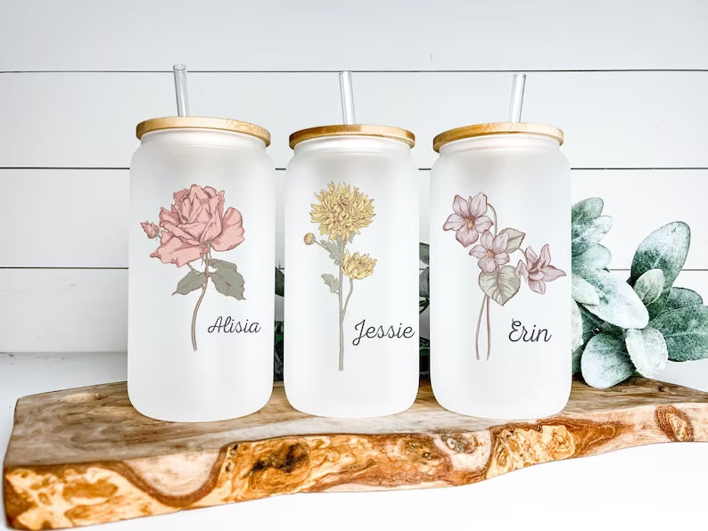 16 oz Flower, Birth Month Iced Coffee Glass