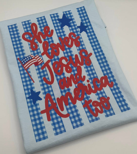 She Loves Jesus and America Too Patriotic Graphic Tank & Tee | Faith & Freedom Shirt