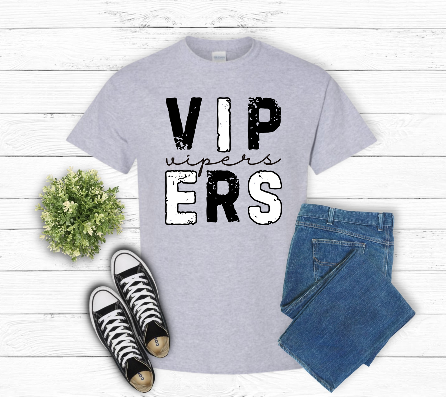 Vipers Distressed Block Letter/Script Short Sleeve T-Shirt